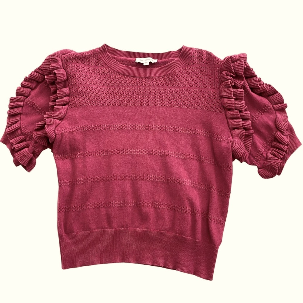 Calligraphie Raspberry Short Sleeve Top Size Medium Ruffled Puff Cropped Sweater - Picture 4 of 11